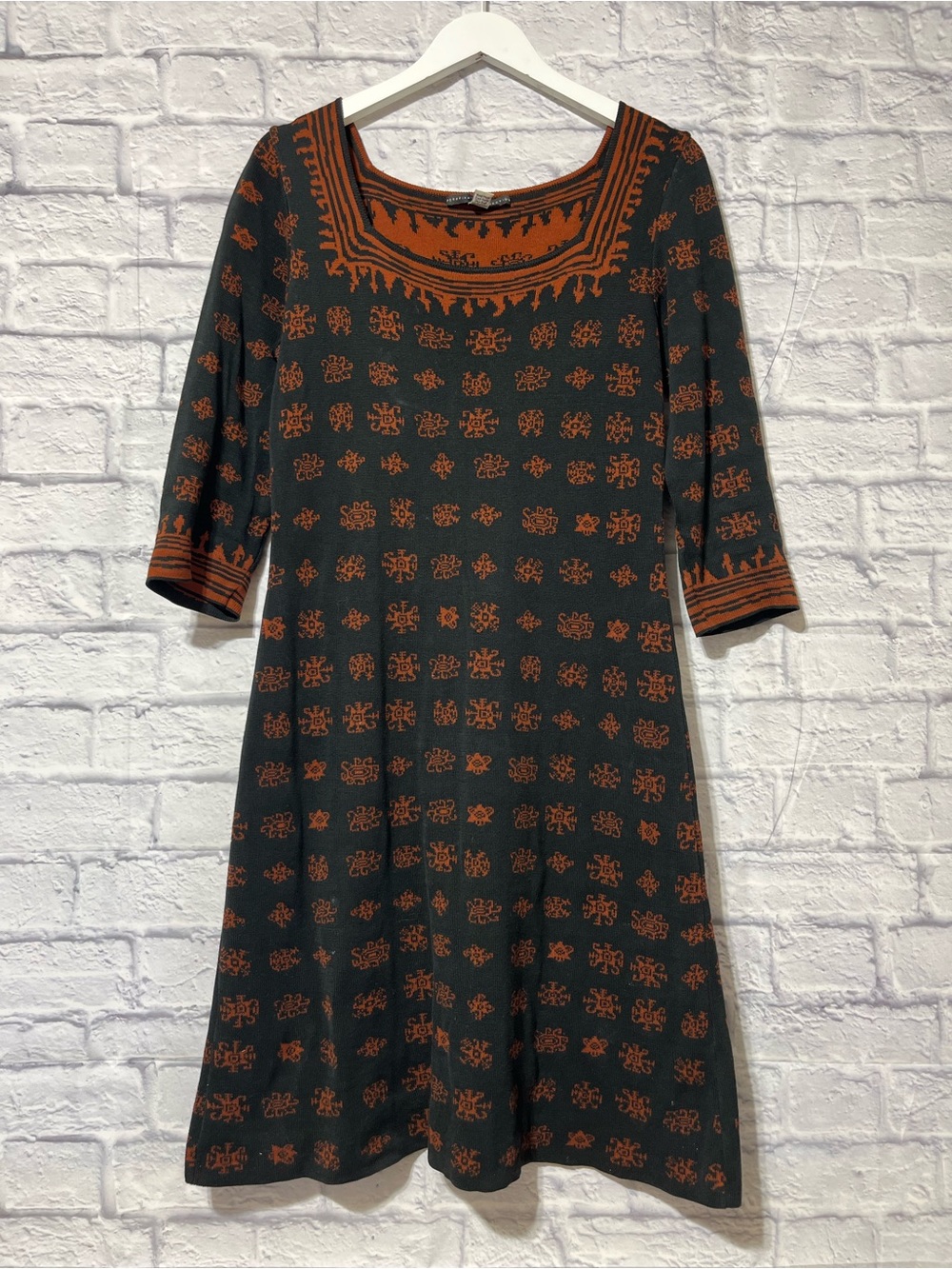 Peruvian Connection Black and Rust Patterned Knit Midi Dress